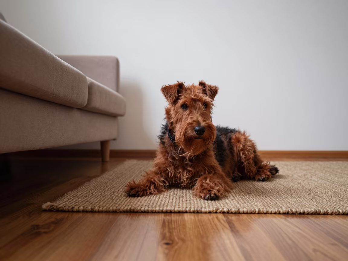 Irish Terrier Resting on Woven Rug in Sassari Home in on a woven rug beside a low couch and an uncluttered wall in Sassari