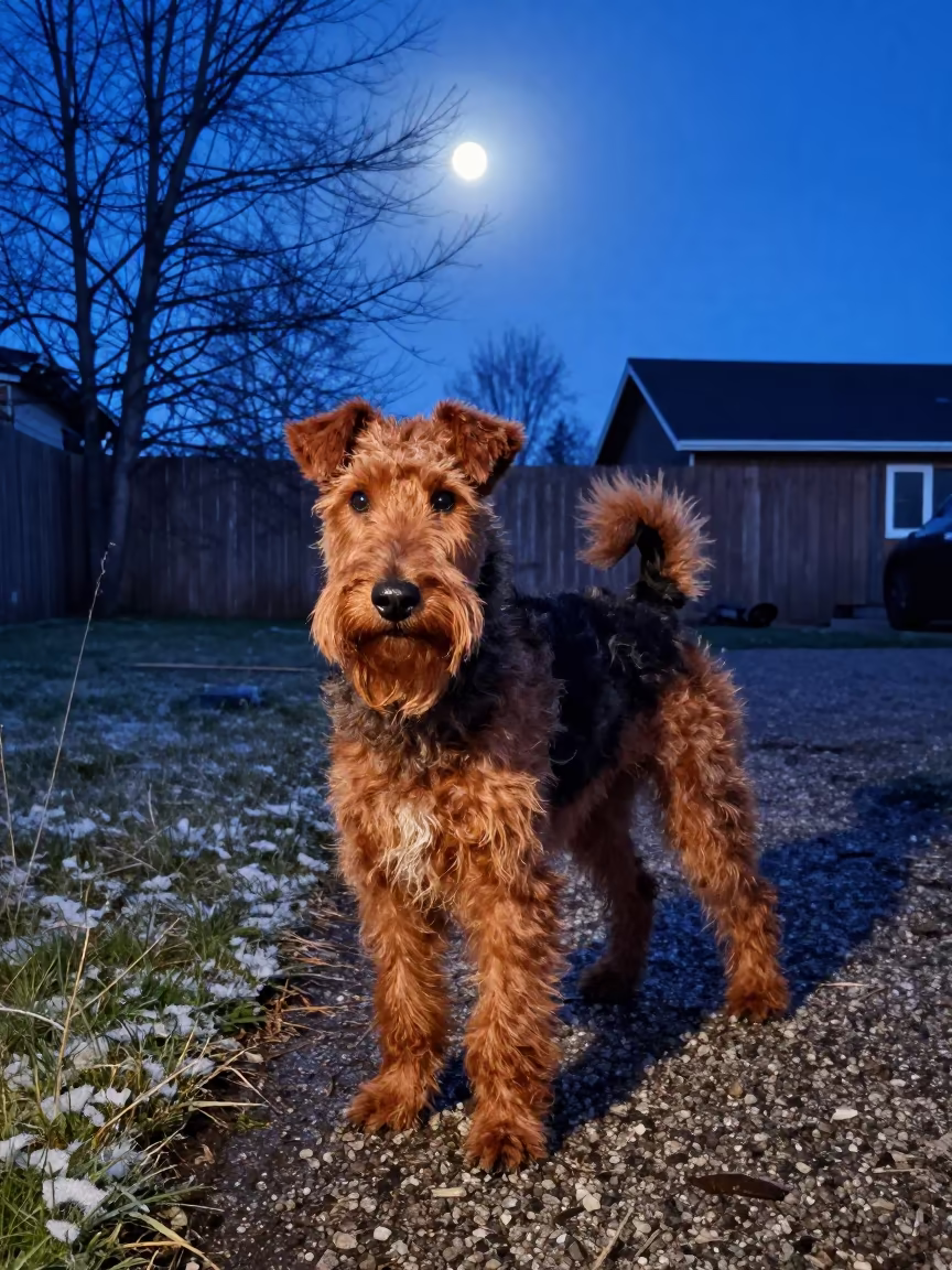 Irish Terrier Stands in Lahti Park Night in in a small yard with clipped grass, calm light, and the animal centered in frame in Lahti