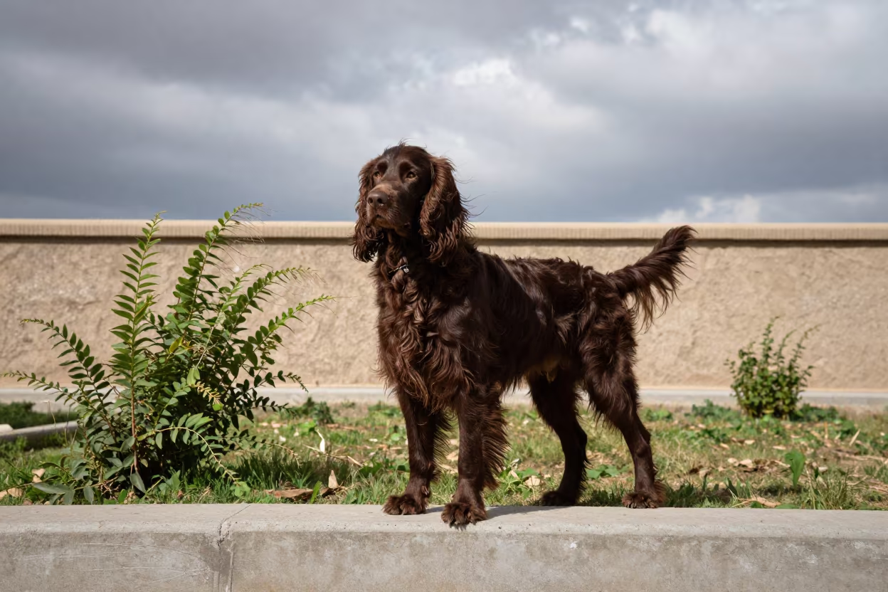 Irish Water Spaniel in Mashhad Garden in near a garden edge with soft morning light and an uncluttered background in Mashhad