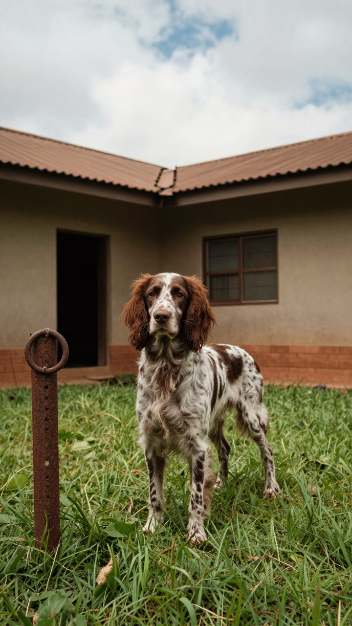 Irish Water Spaniel in Mbuji-Mayi Yard in in a small yard with clipped grass, calm light, and the animal centered in frame in Mbuji-Mayi