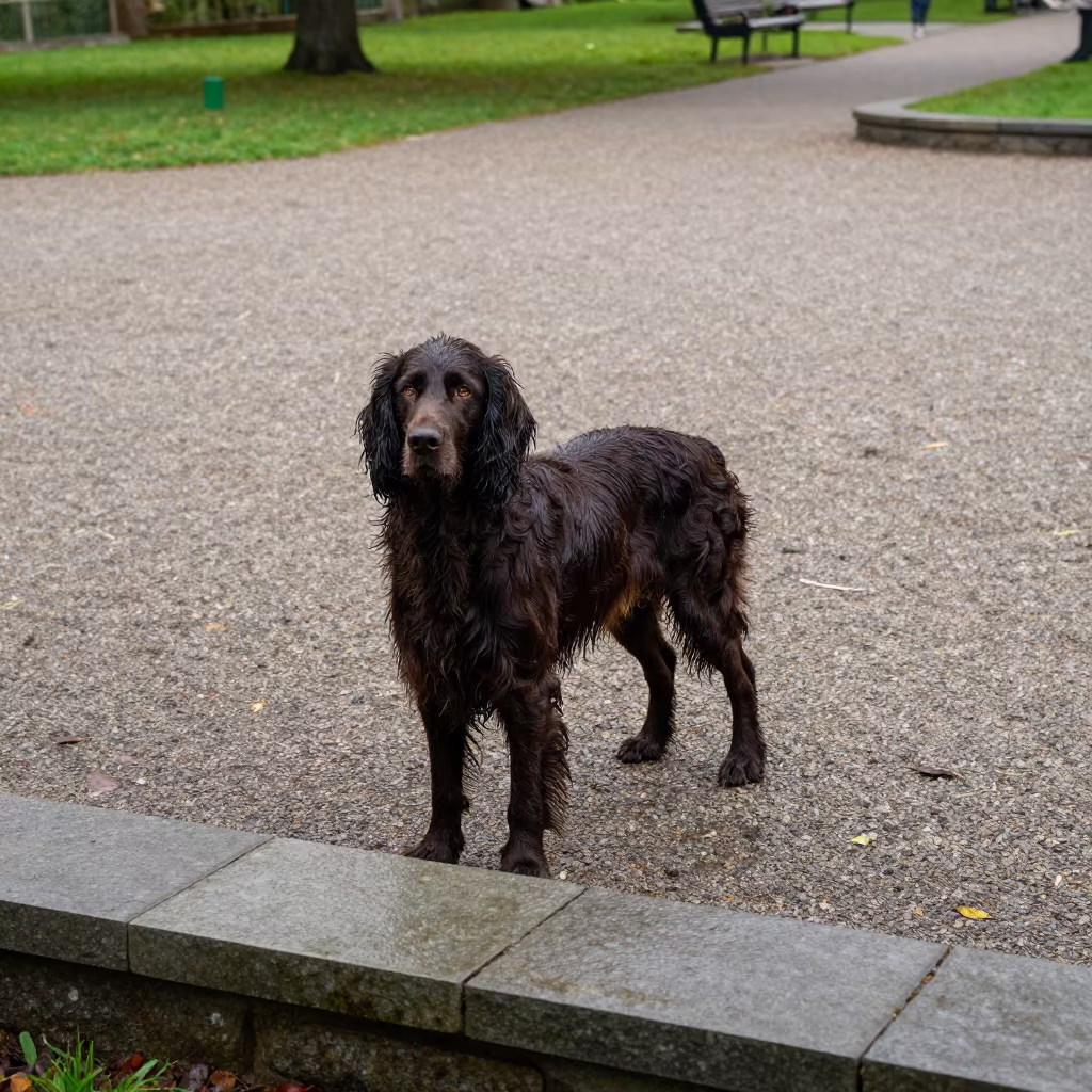 Irish Water Spaniel in Sittwe Wet Season Yard in along a quiet park path with soft open shade and a clean background in Sittwe
