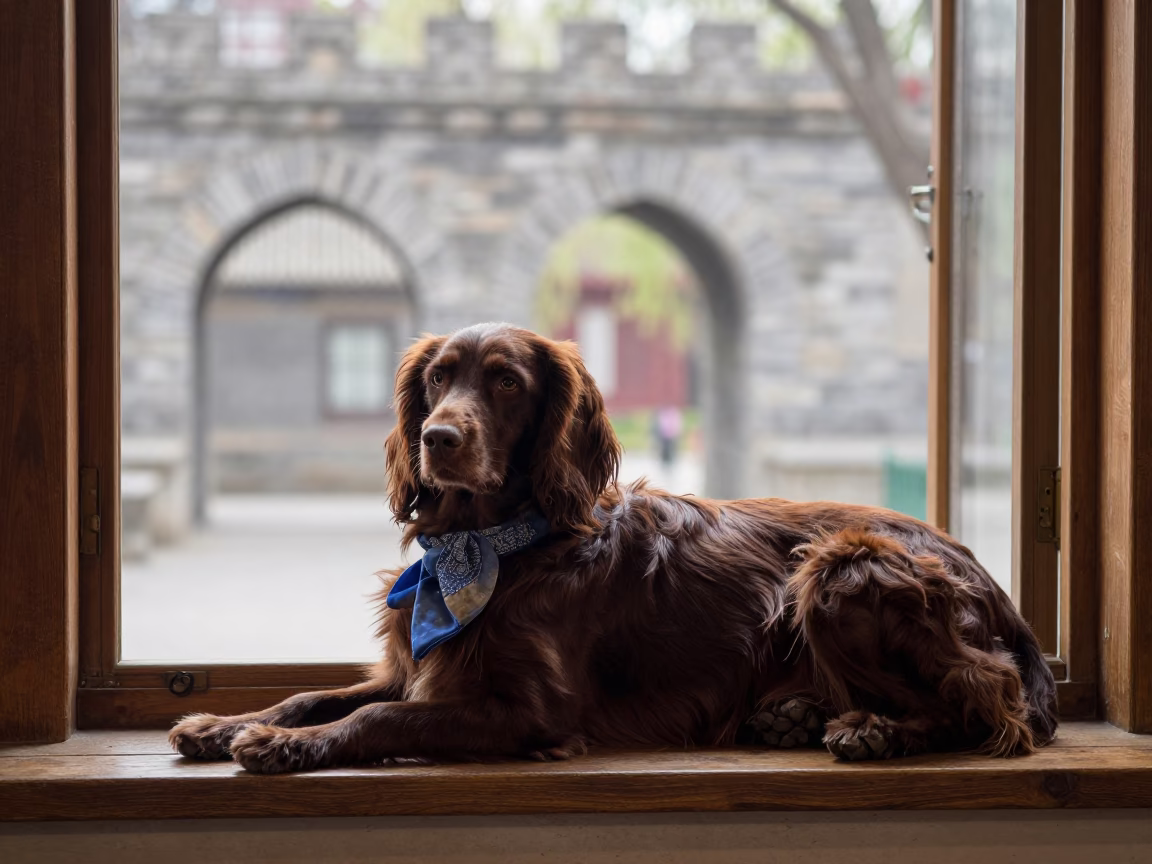 Irish Water Spaniel on Shanghai Window Seat in on a window seat in a quiet apartment with soft side light near Xintiandi, Shanghai