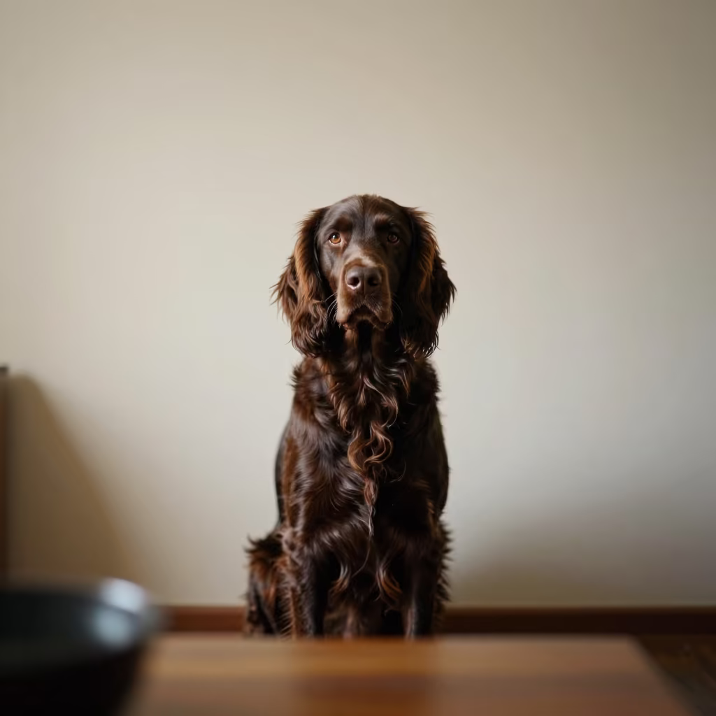 Irish Water Spaniel Portrait Beside Plaster Wall in beside a plain plaster wall in soft indoor light with the animal centered in frame in Korhogo