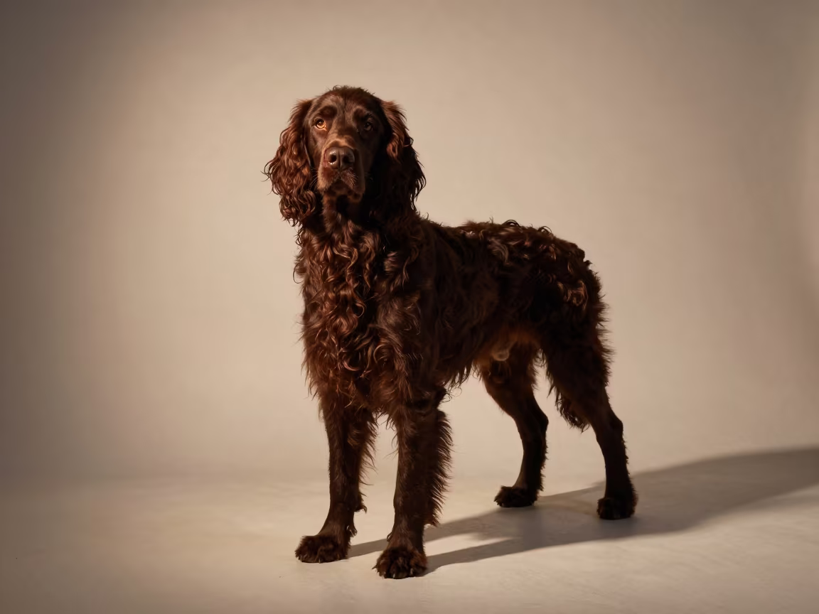 Irish Water Spaniel Portrait in Abu Dhabi Studio Dawn in in a quiet portrait studio with a plain backdrop and eye-level framing near Abu Dhabi