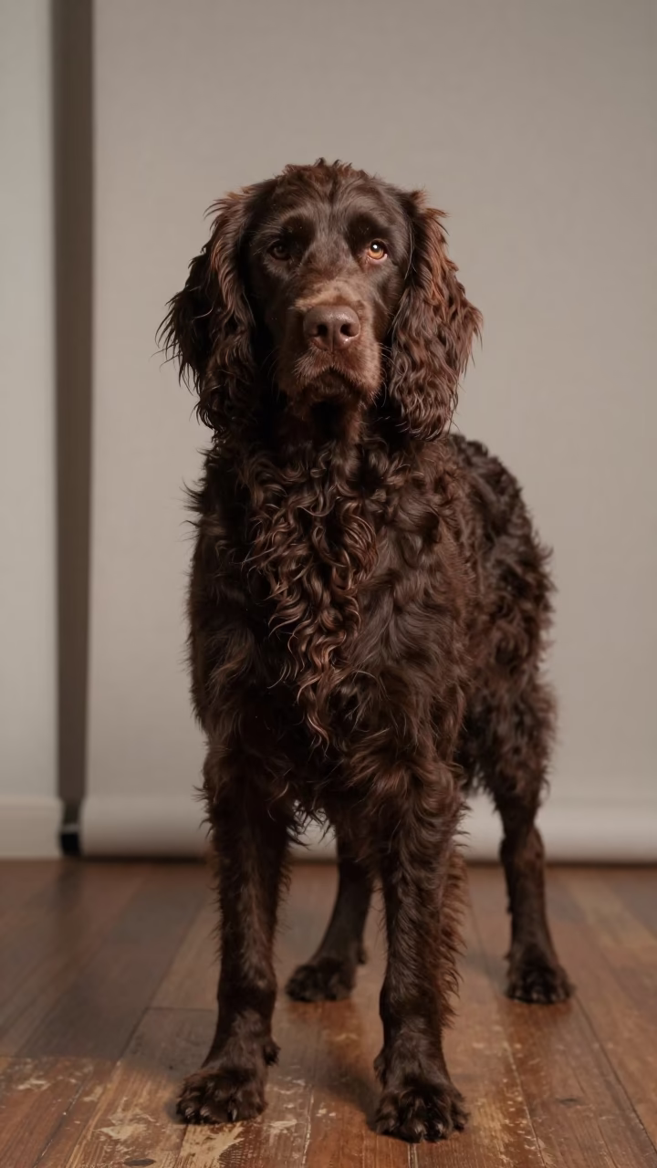 Irish Water Spaniel Portrait in Port Elizabeth Studio in in a quiet portrait studio with a plain backdrop and eye-level framing in Port Elizabeth