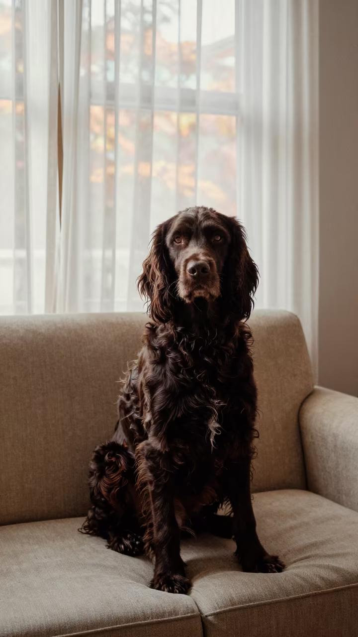 Irish Water Spaniel Portrait on Sofa in Xiamen in on a sofa near a curtained window with calm indoor light in Xiamen