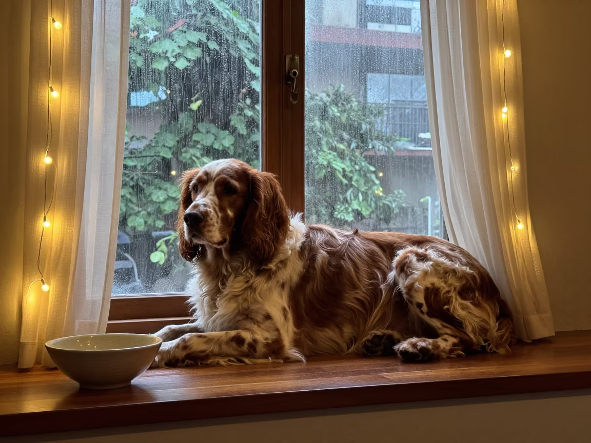 Irish Water Spaniel Resting on Mumbai Window Seat in on a window seat in a quiet apartment with soft side light in Worli, Mumbai