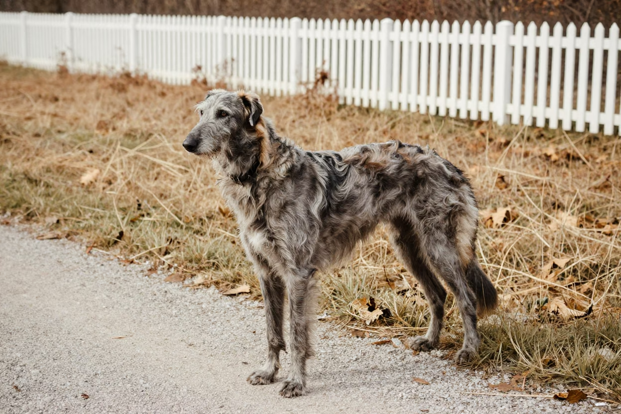 Irish Wolfhound in Calgary Park Shade in along a quiet park path with soft open shade and a clean background near Calgary