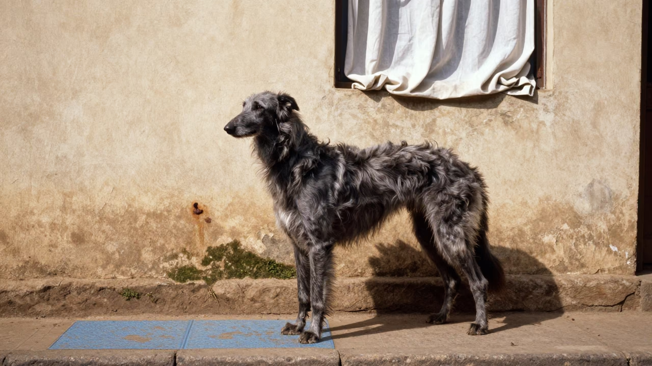 Irish Wolfhound in Nairobi Courtyard Wall in beside a plain courtyard wall in clear daylight with the animal at eye level in Nairobi
