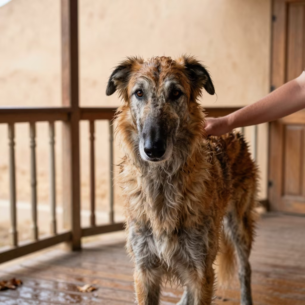 Irish Wolfhound on Shaded Giza Porch in on a shaded front porch with boards, railings, and eye-level framing in Giza