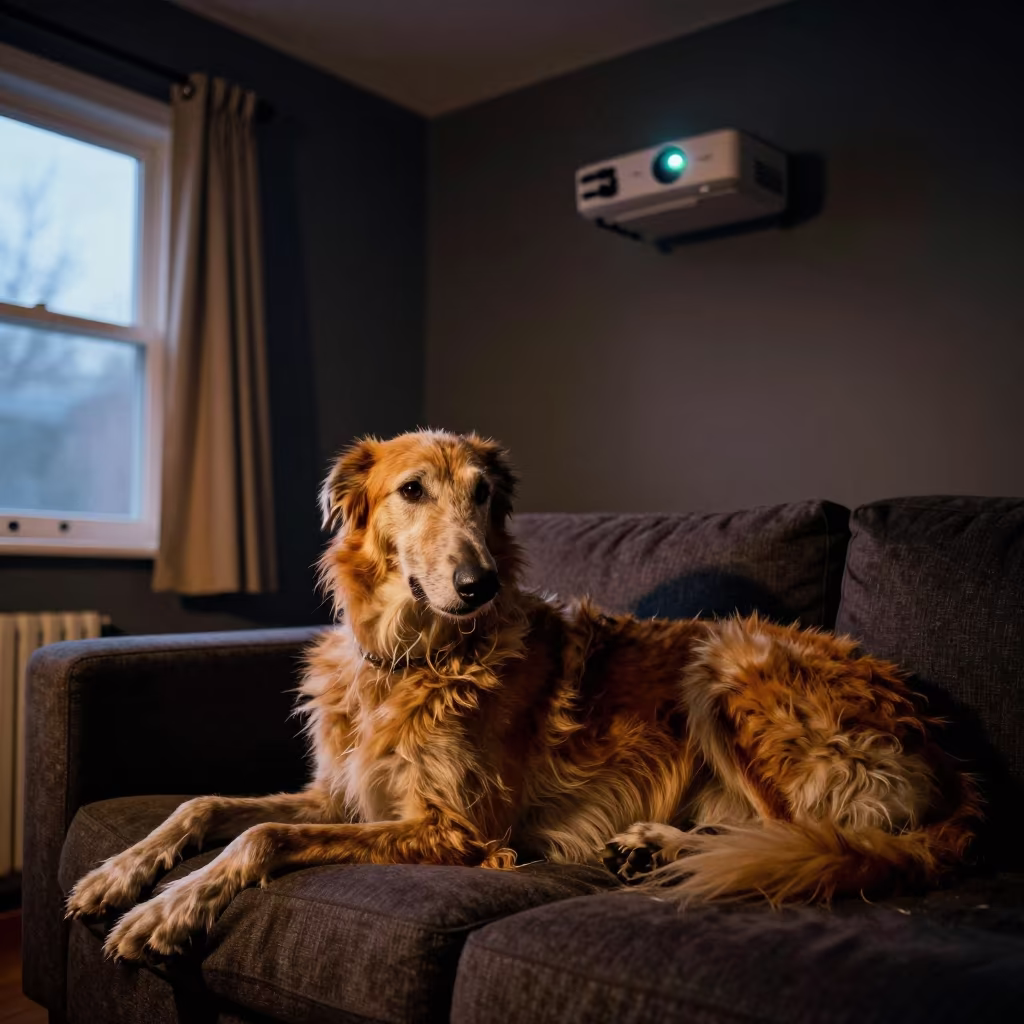 Irish Wolfhound Portrait in Predawn Room in on a sofa near a curtained window with calm indoor light in Mary