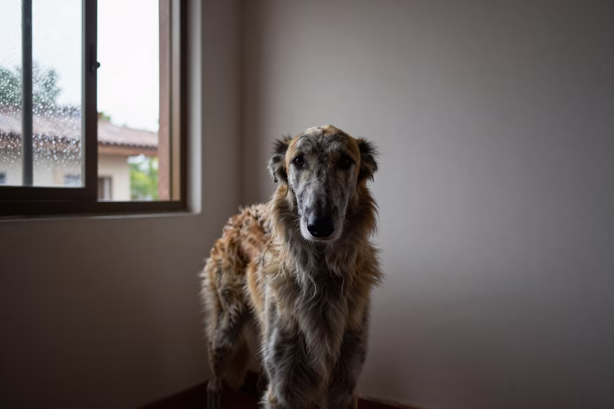 Irish Wolfhound Portrait Near Holguin in beside a plain plaster wall in soft indoor light with the animal centered in frame near Holguin