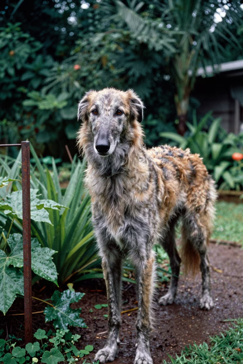 Irish Wolfhound Portrait Near Recife Garden in near a garden edge with soft morning light and an uncluttered background in Recife