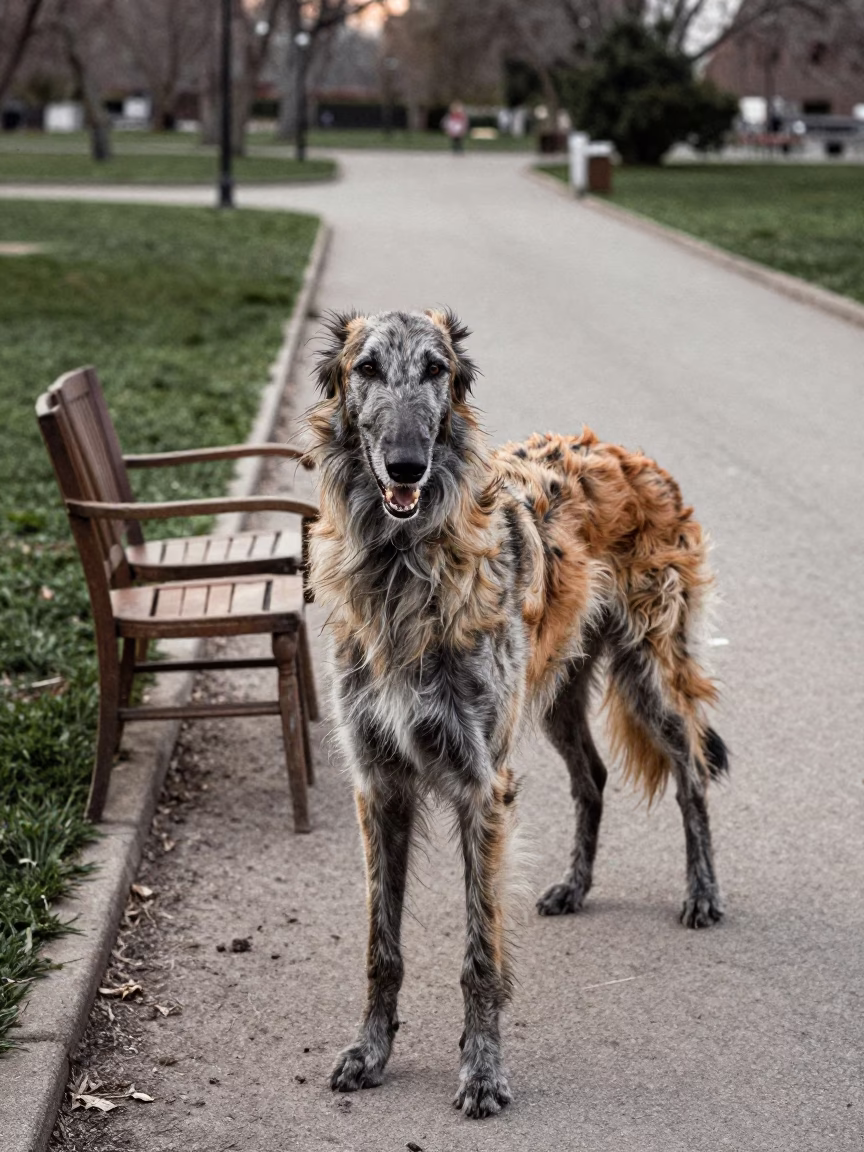 Irish Wolfhound Portrait on Cajamarca Park Path in along a quiet park path with soft open shade and a clean background near Cajamarca