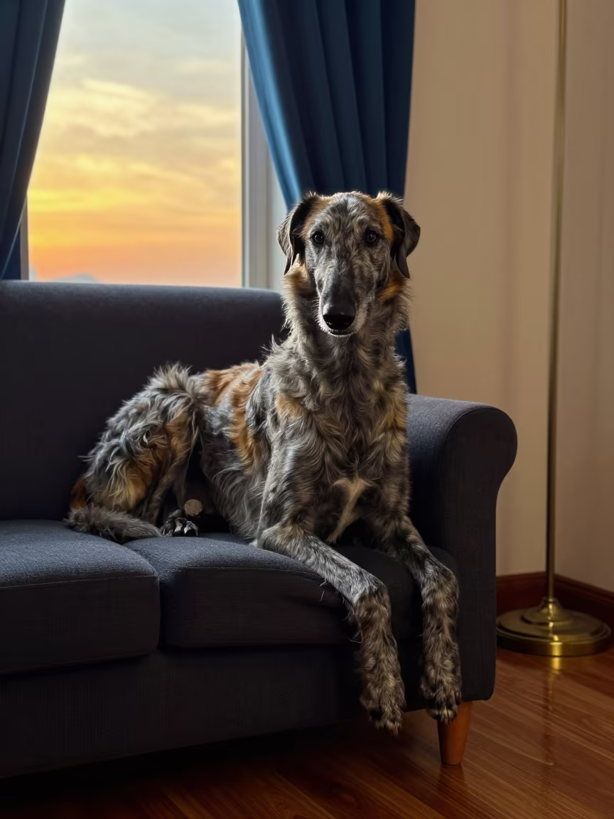 Irish Wolfhound Portrait on Sofa Near Window in on a sofa near a curtained window with calm indoor light near Shillong