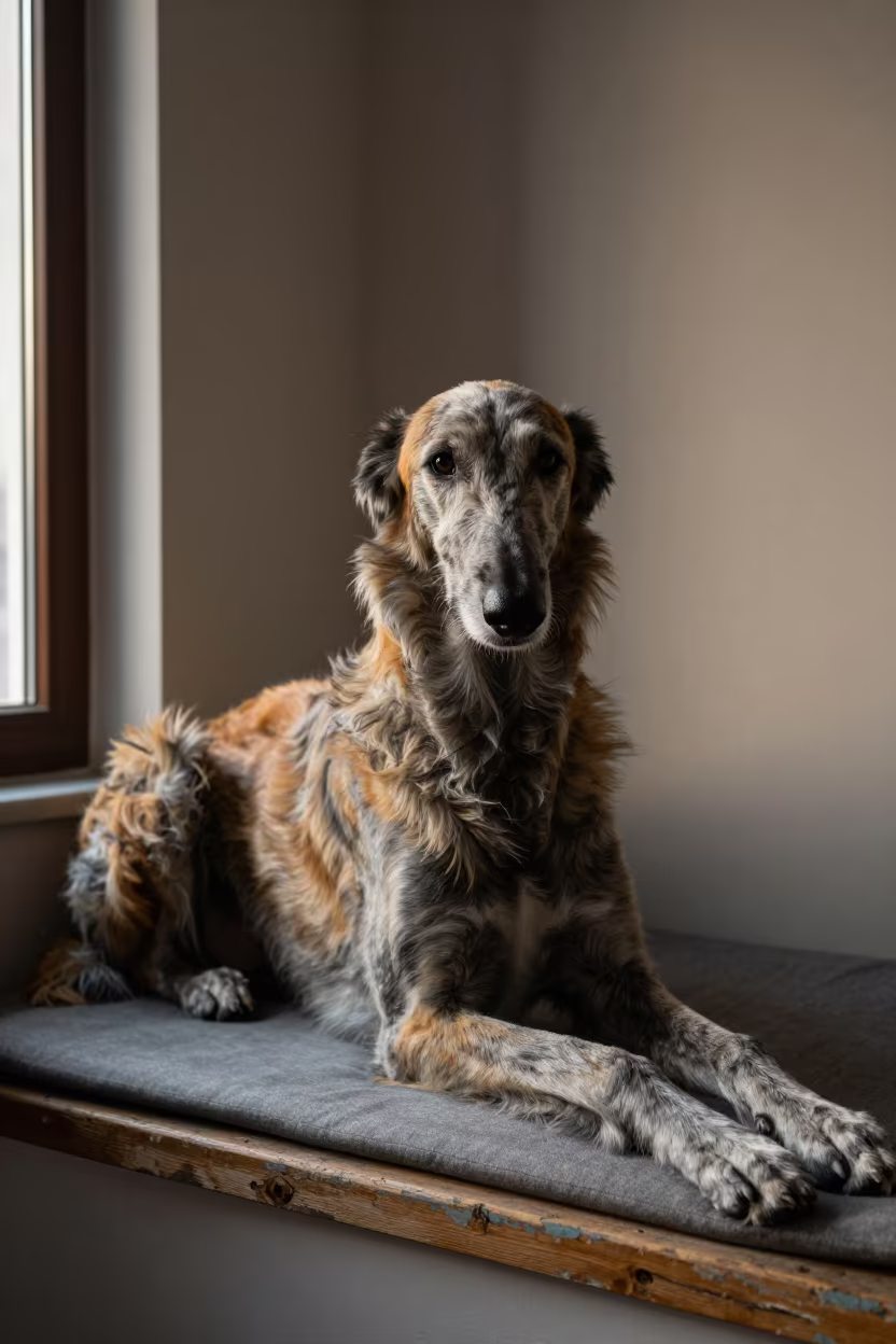 Irish Wolfhound Portrait on Window Seat in Zhengzhou in on a cushioned window seat with soft side light and an uncluttered background in Zhengzhou