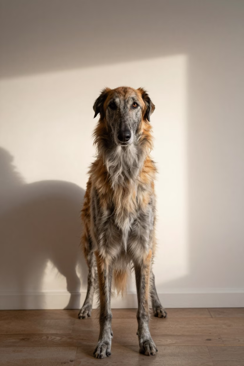 Irish Wolfhound Portrait Soft Indoor Light in beside a plain plaster wall in soft indoor light with the animal centered in frame near Guiglo