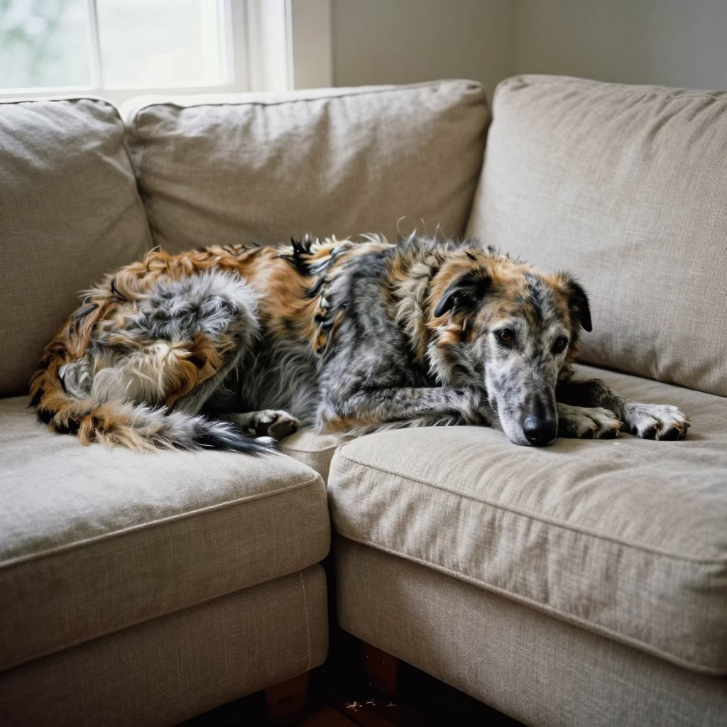 Irish Wolfhound Resting on Linen Sofa in Sunlight in on a linen sofa with daylight from a nearby window near Formosa