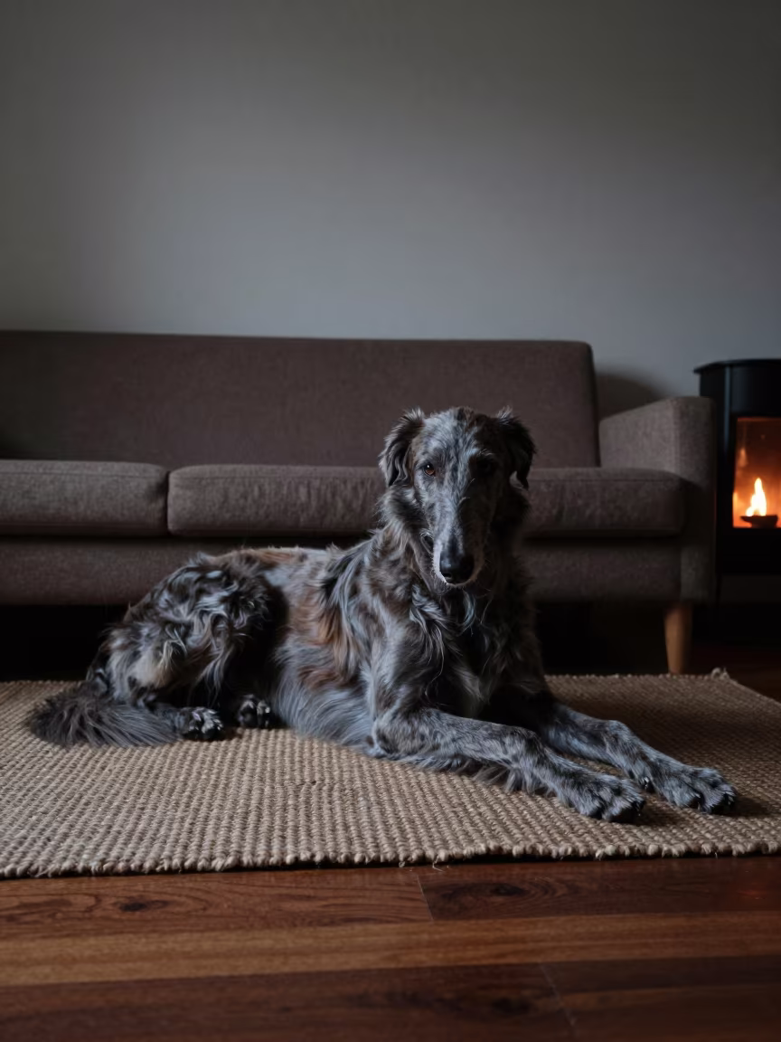 Irish Wolfhound Resting on Woven Rug in Iloilo Home in on a woven rug beside a low couch and an uncluttered wall near Iloilo