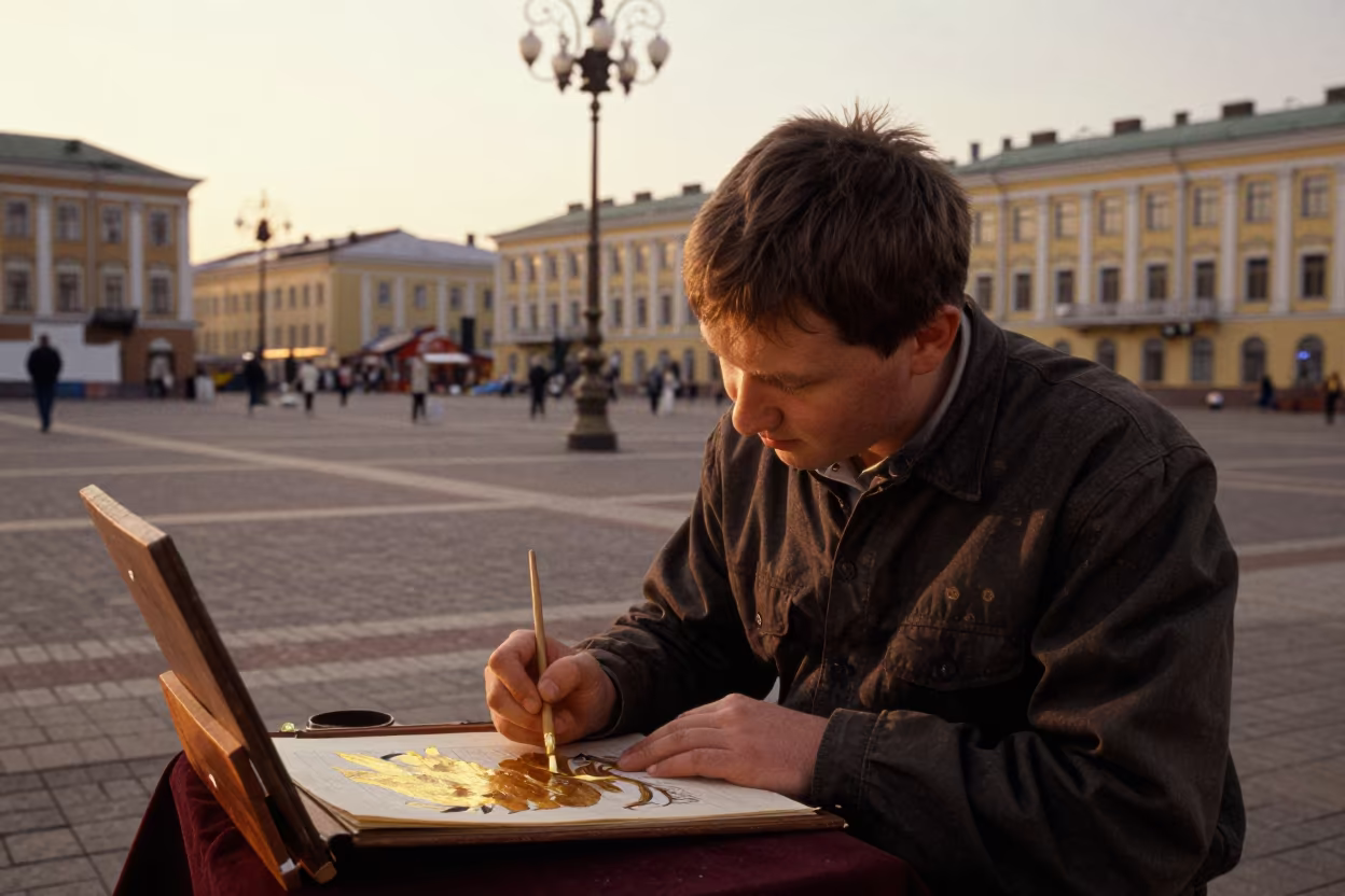 Irkutsk Illuminator Painting Gold Leaf in Square in at a public square in Irkutsk