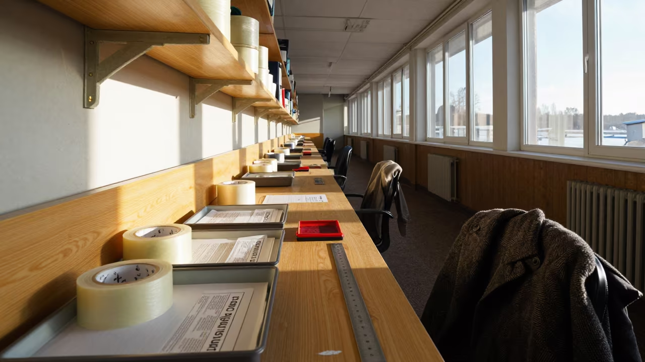 Irkutsk Returns Triage Bench with Tape and Labels in inside a dispatch office above the dock in Irkutsk