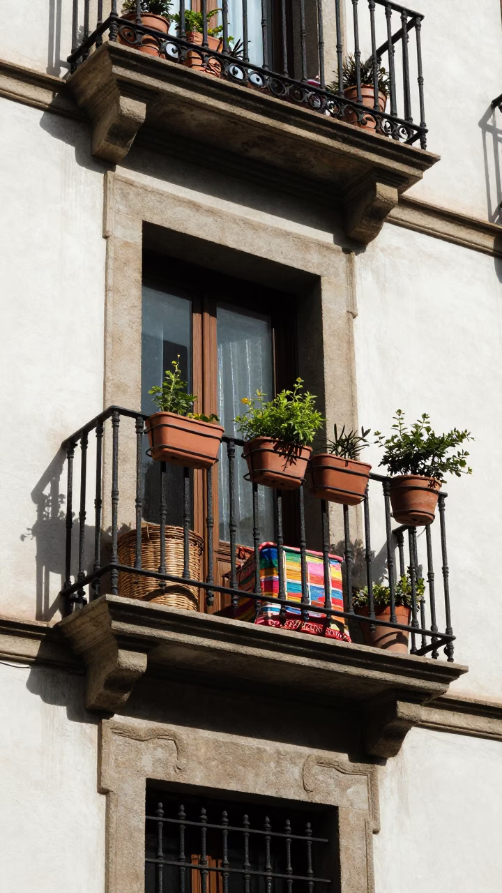 Iron Balcony in Barcelona at Late Morning Light in in Barcelona, Spain