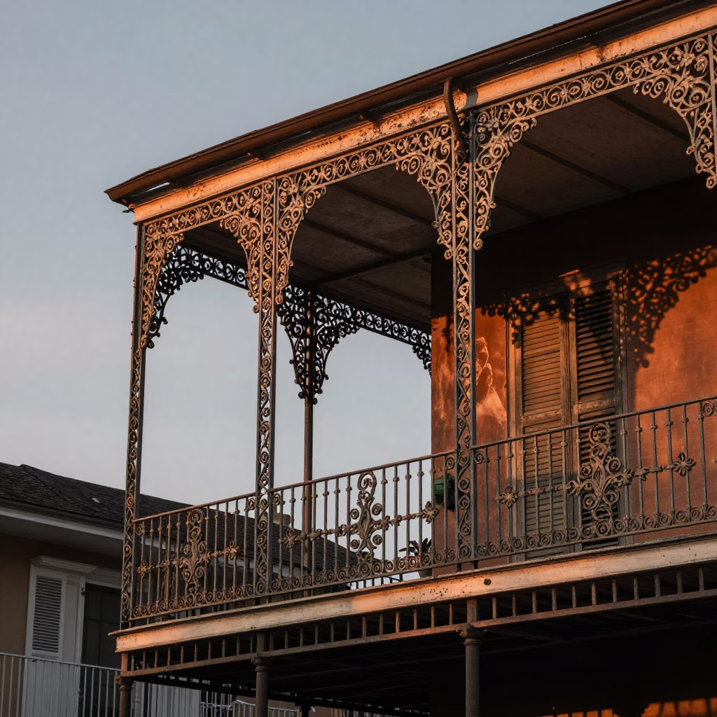 Iron Balcony in New Orleans at Copper-toned Light Before Dusk in in New Orleans, Louisiana, United States