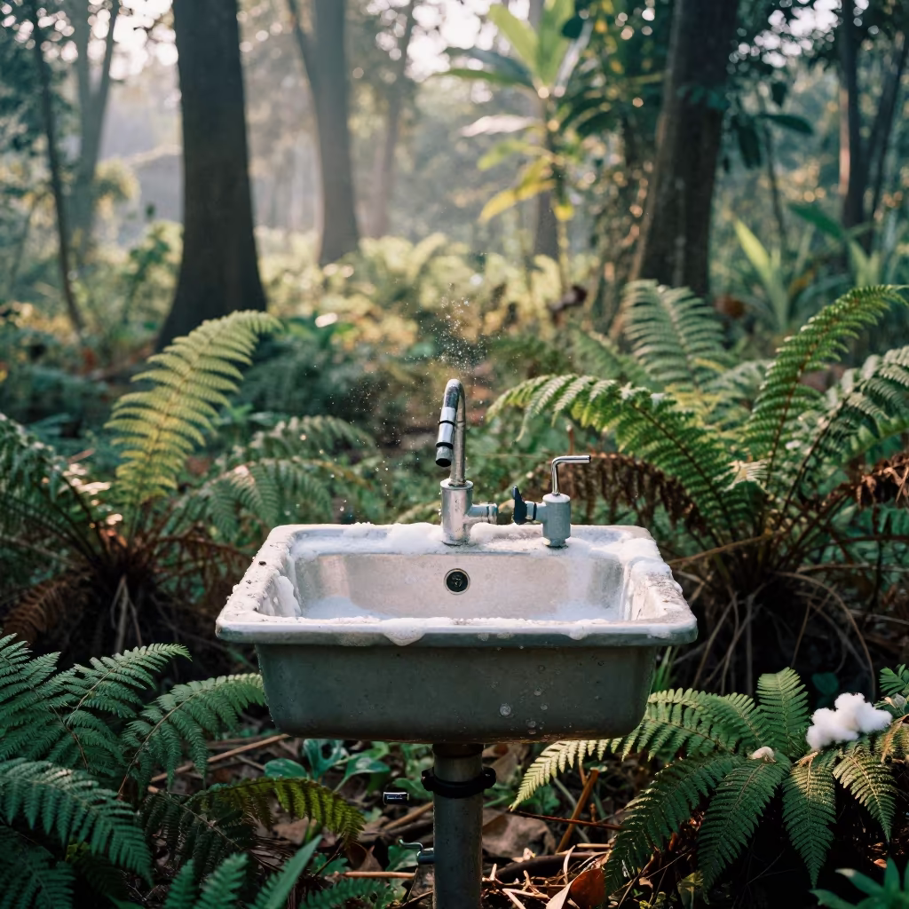 Iron Beside Sink on Fern Forest Floor Assam in on a fern-lined forest floor in Assam