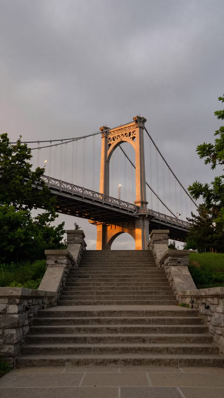 Iron Bridge Under Amber Sunset Light in at the base of a monumental staircase in Rhode Island