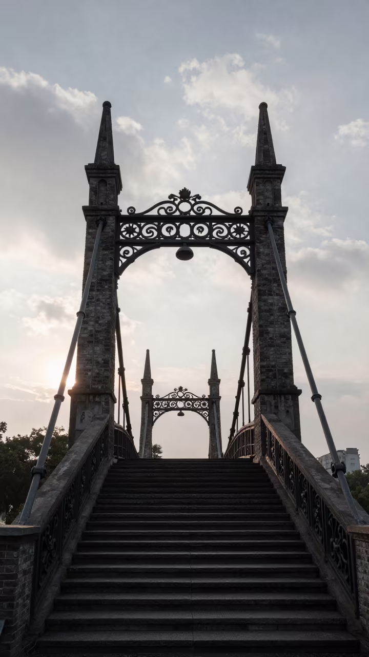 Iron Bridge at Dawn Over Ningbo Staircase in at the base of a monumental staircase in Ningbo