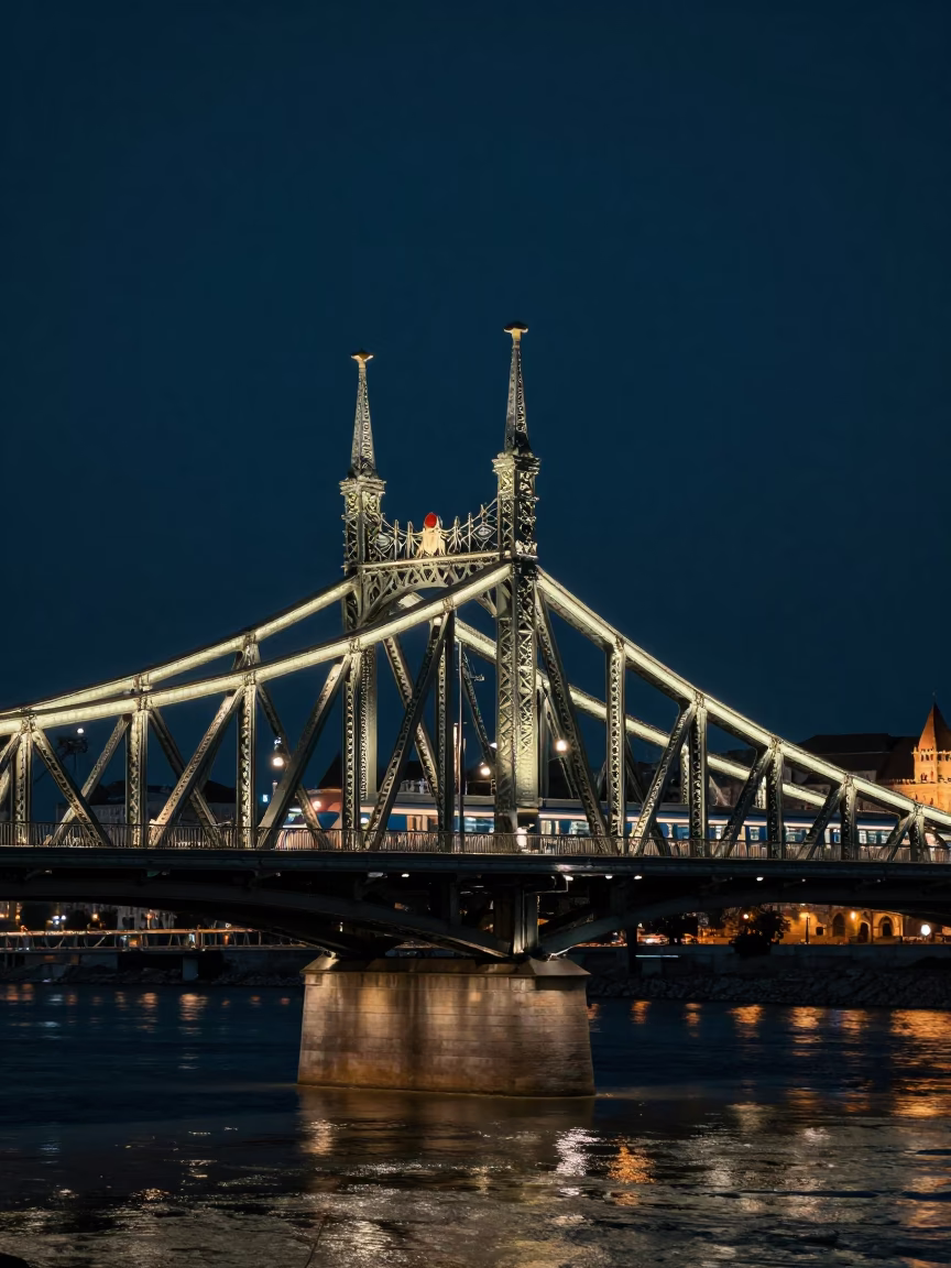 Iron Bridge in Budapest at The Deepest Night Sky Light in in Budapest, Hungary