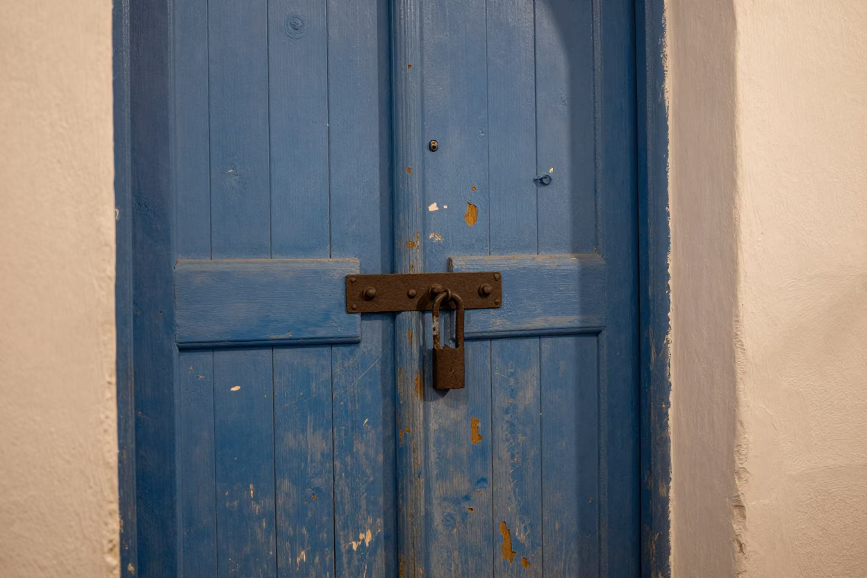 Iron Deadbolt at Deep In The Night Light in Essaouira in in Essaouira, Morocco