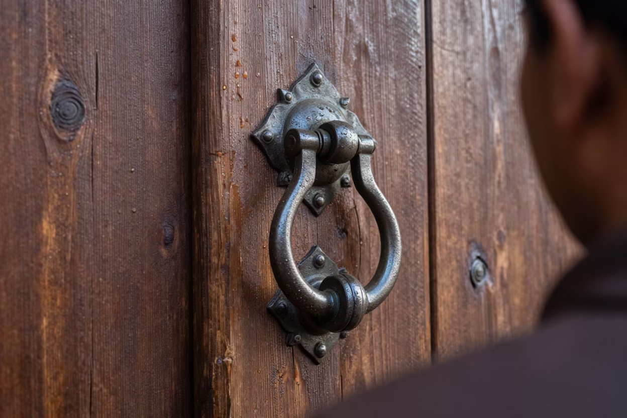 Iron Door Knocker on Weathered Oak at Dawn in near Myitkyina