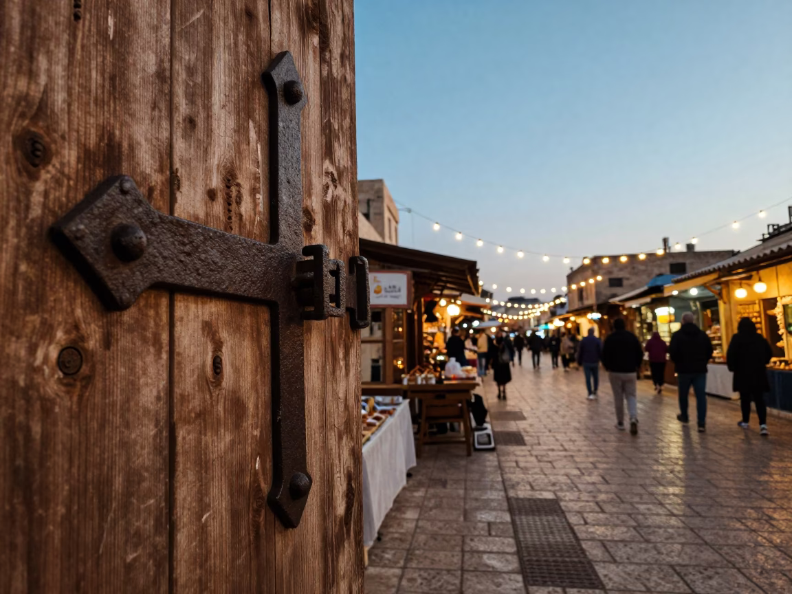 Iron Hinge on Weathered Plank in Haifa Market in along a market lane in Haifa