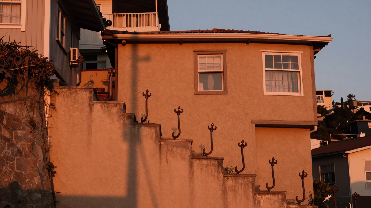 Iron Hooks at Copper-toned Light Before Dusk in Valparaiso in in Valparaiso, Chile