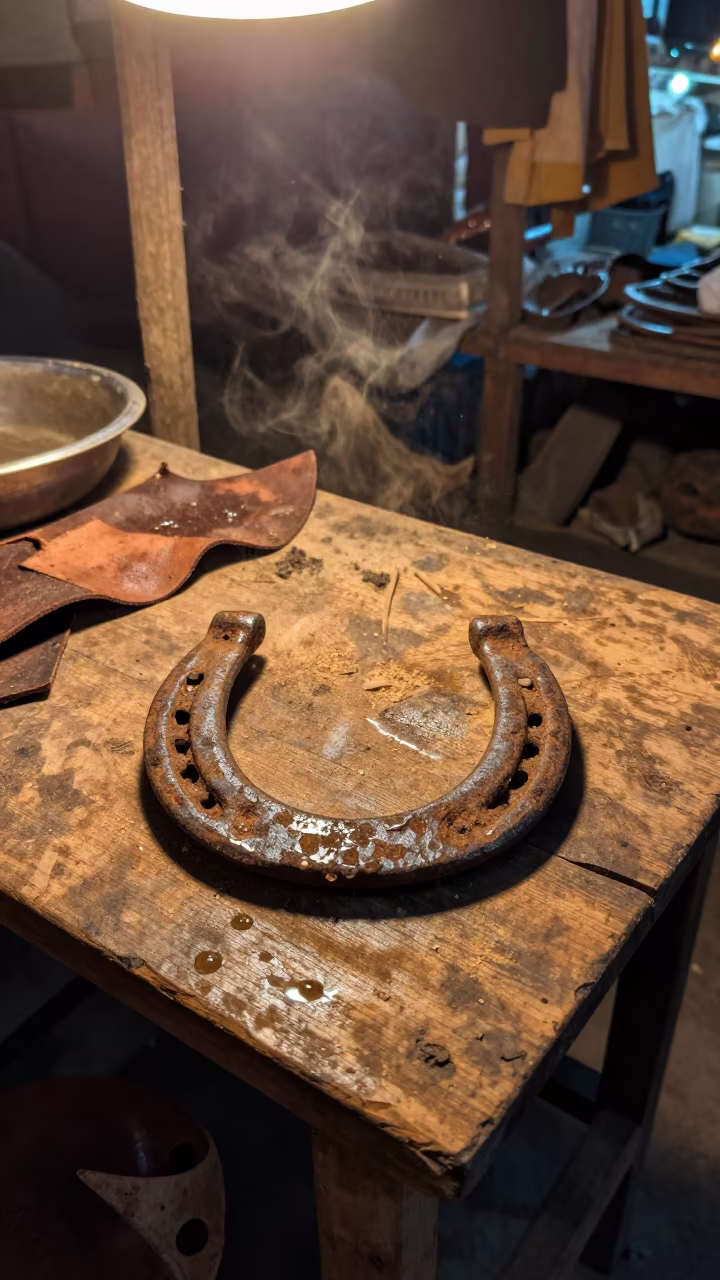 Iron Horseshoe on Dusty Worktable Berbera in at a market stall counter in Berbera