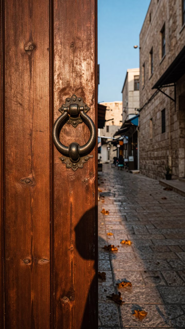 Iron Knocker on Oak Door in Bnei Brak Market Lane in along a market lane in Bnei Brak