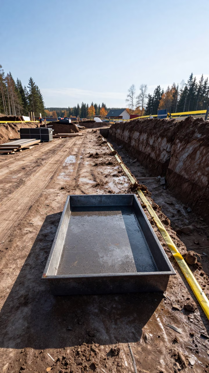 Iron Splice Tray on Latvian Construction Excavation in inside a taped-off excavation edge in Latvia