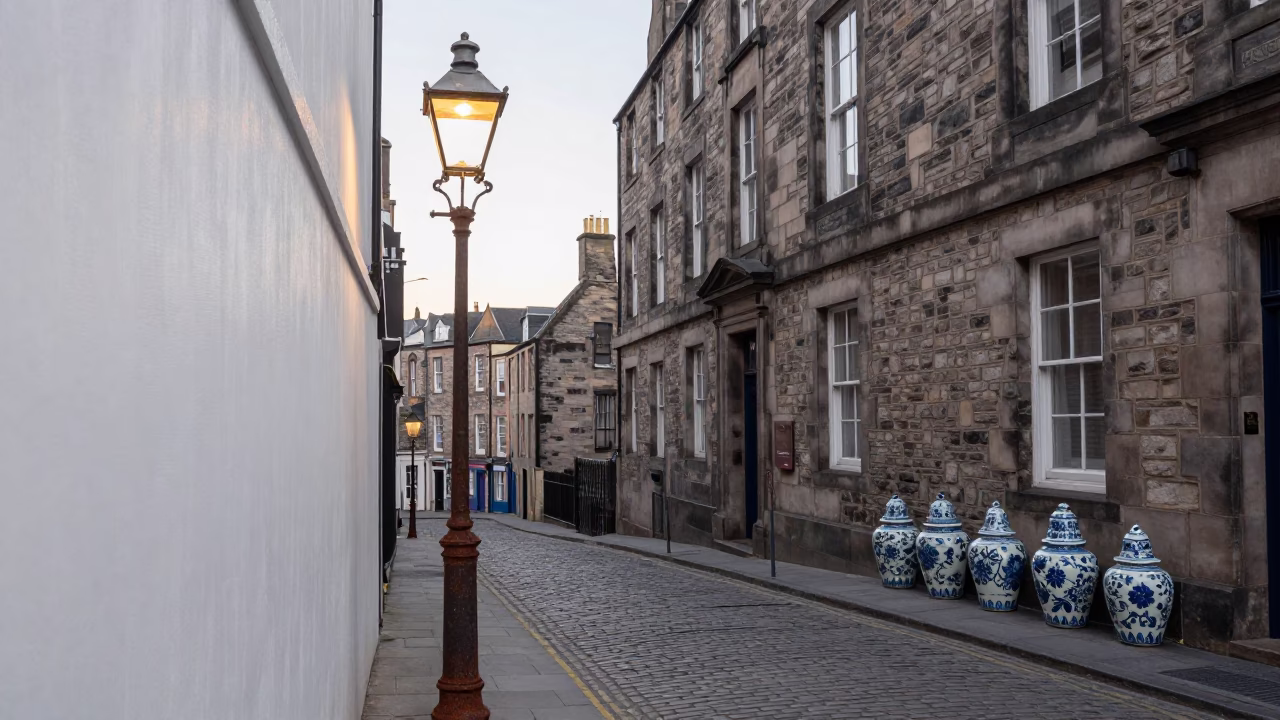 Iron Street Lamp And Porcelain Jars in Edinburgh in in Edinburgh, United Kingdom