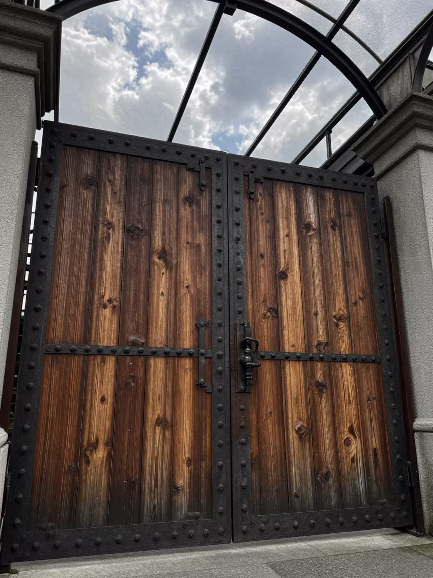 Iron-Studded Oak Gate in Glass Arcade in inside a glass-roofed arcade near Taoyuan