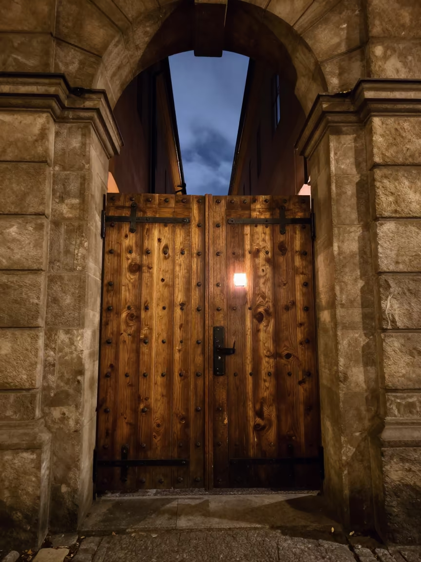 Iron Studded Oak Gate Night in Malmo Passageway in inside a skylit passageway in Malmo