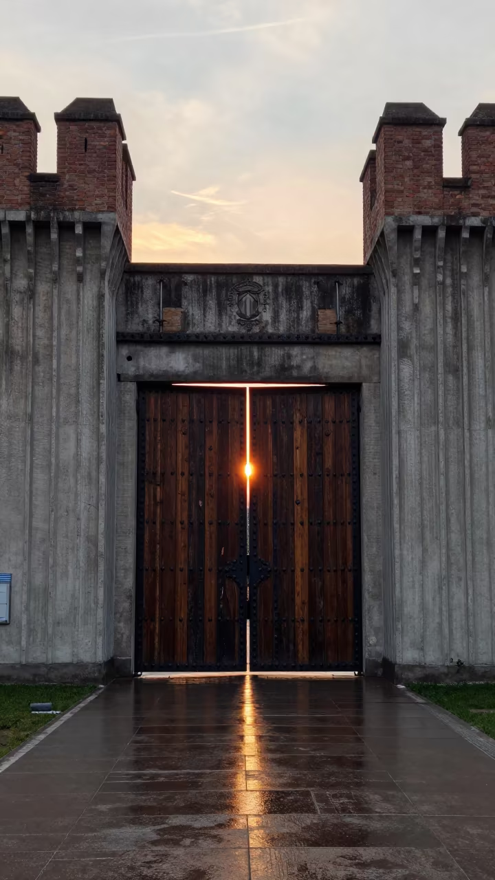 Iron-Studded Oak Gate in Novara Concrete Lobby in inside a ribbed concrete lobby in Novara
