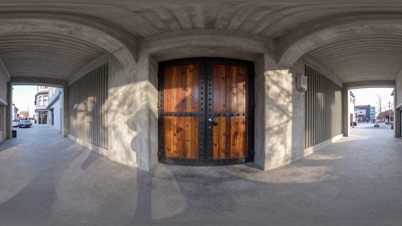 Iron Studded Oak Gate in Ribbed Concrete Lobby in inside a ribbed concrete lobby in Moda, Istanbul