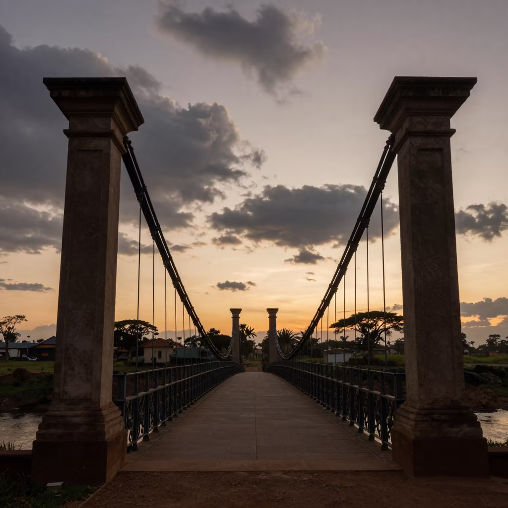 Iron Suspension Bridge Over Rift Valley at Sunset in along a colonnaded facade in the Rift Valley
