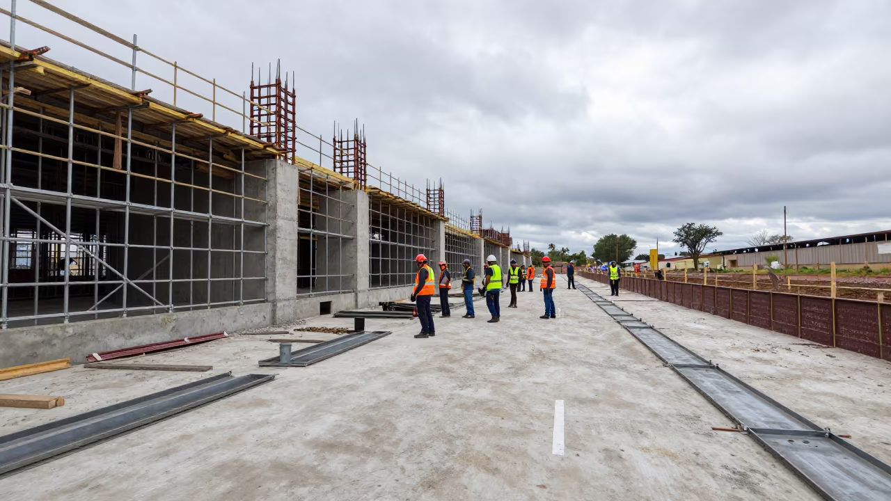 Iron Tray Water Stop Splice on Scaffolded Facade in along a scaffolded facade in Uruguay