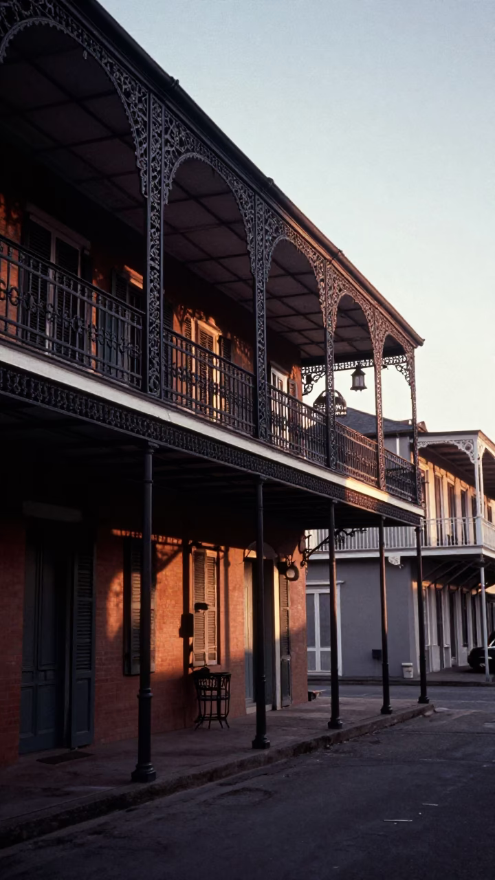 Ironwork Balconies and Street Life in New Orleans Louisiana Early Evening in in New Orleans, Louisiana, United States