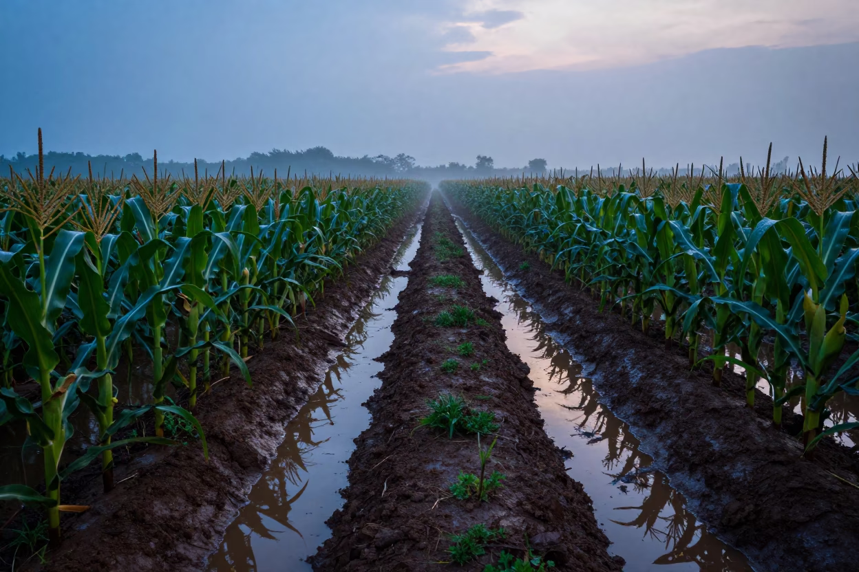 Irrigated Cornfield at Twilight with Fog in along freshly irrigated rows in Enugu