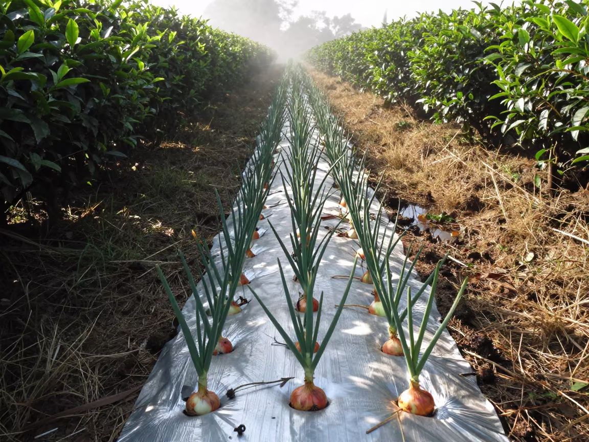 Irrigated Onion Furrow in Buenos Aires in at the edge of a tea plantation near Palermo Hollywood, Buenos Aires