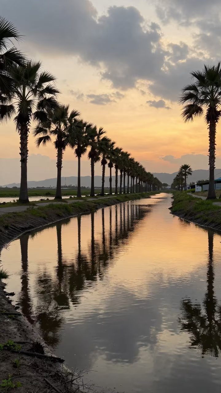 Irrigation Canal Reflected Palms Busan Floodplain in across a floodplain after rain near Busan