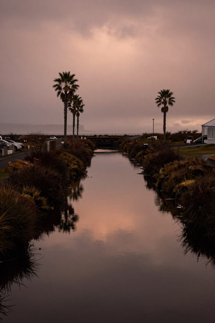 Irrigation Canal Reflected Palms Reykjavik Floodplain in across a floodplain after rain near Reykjavik